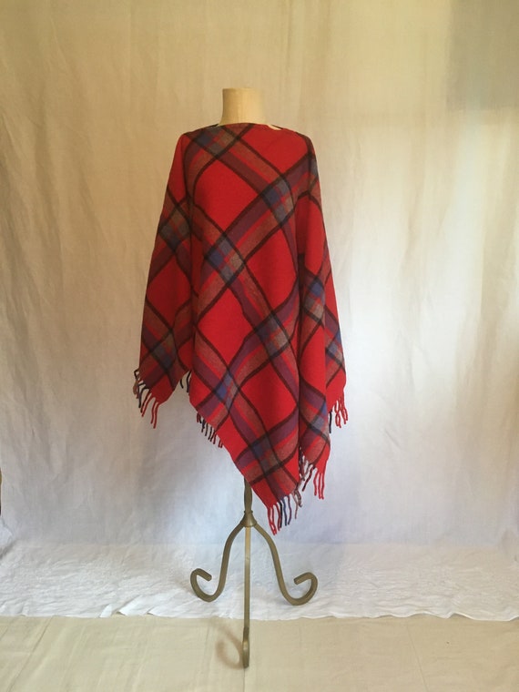 vintage 60s farbo red plaid wool fringe throw bla… - image 1