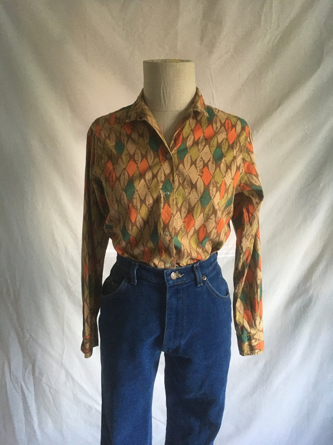 Vintage 50s Womens Wash and Wear Cotton Fall Colours Batik Style Atomic ...
