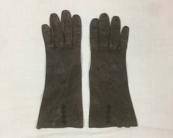 vintage 50er jahre damen handschuhe aus braunem leder mit ausgeschnittenem blumenmuster