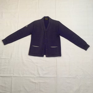 vintage anni '50 sportcraft maglia letterman nuovo maglione cardigan college viola lana vergine catenella corsivo Nick
