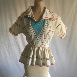 Vintage 40s Ric Rac Cotton Side Zip Peplum Fiesta Blouse 1940s Womens ...