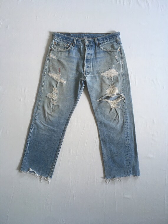 vintage 90s levis 501 xx ripped frayed blue jeans… - image 2