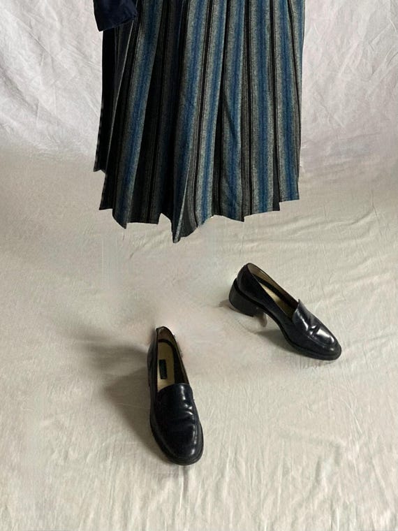 vintage y2k womens bass moc toe loafers blue leather chunky heel made in brazil 9 W preppy shoes