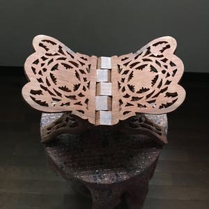 vintage hand carved in India folding Himilayan Jungle Sheesham wood folding book holder