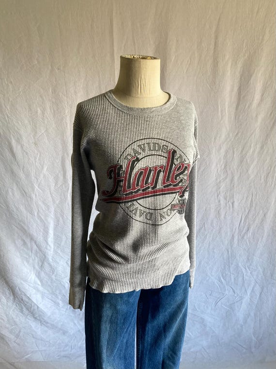 Vintage 90s Harley Davidson Shirt Motorcycle Holoubek Grey Waffle