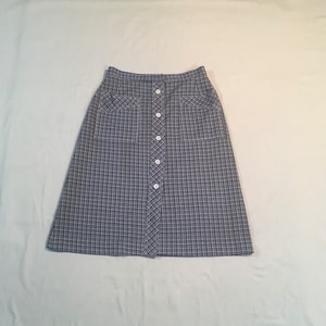 vintage 60s john meyer blue white plaid polyester button up a line skirt with pockets