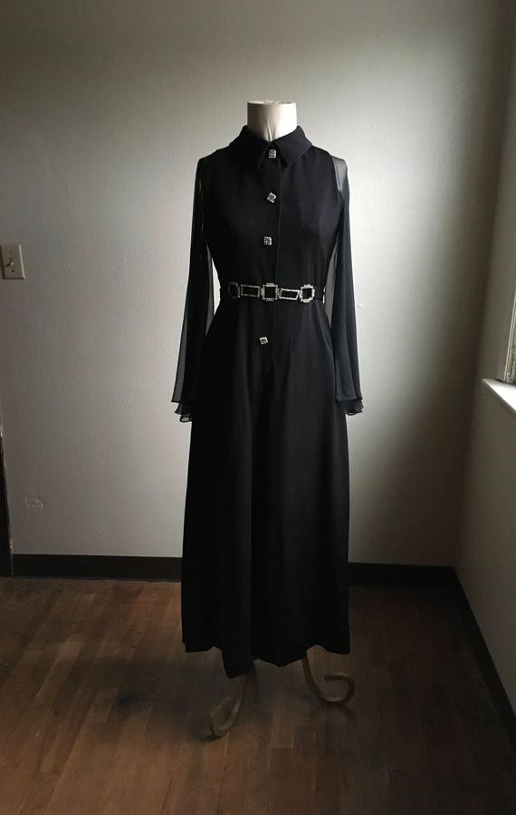 vintage 60s black gauze bell sleeve rhinestone bel