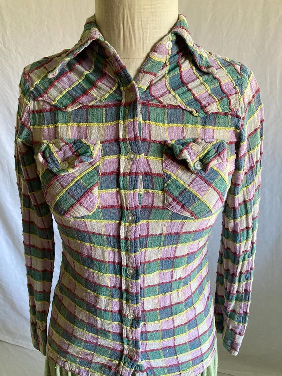 vintage 70s patchwork button up collared chevron … - image 3