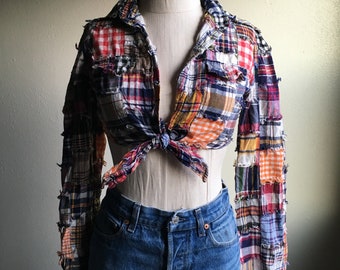 vintage 70s cotton madras patch work long sleeve tie front crop top collar shirt plaid blouse made in india