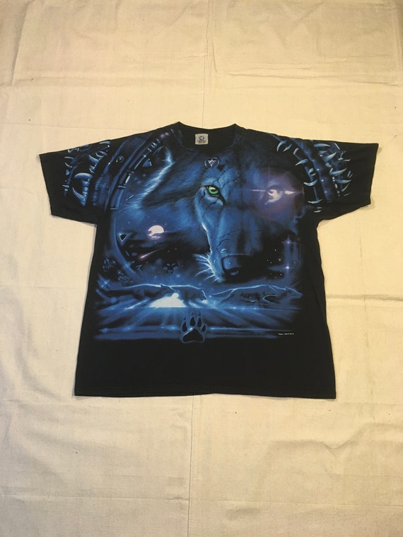 vintage 2001 liquid blue all over wolf print t shi