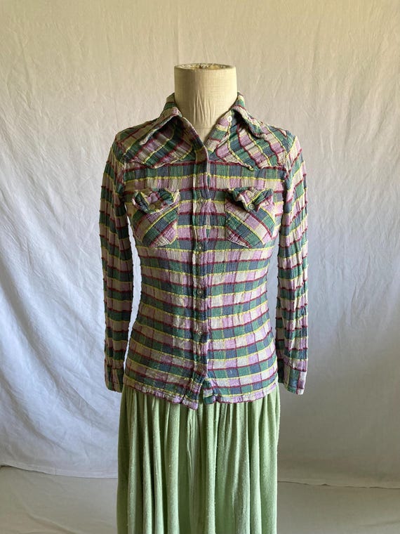 vintage 70s patchwork button up collared chevron … - image 2