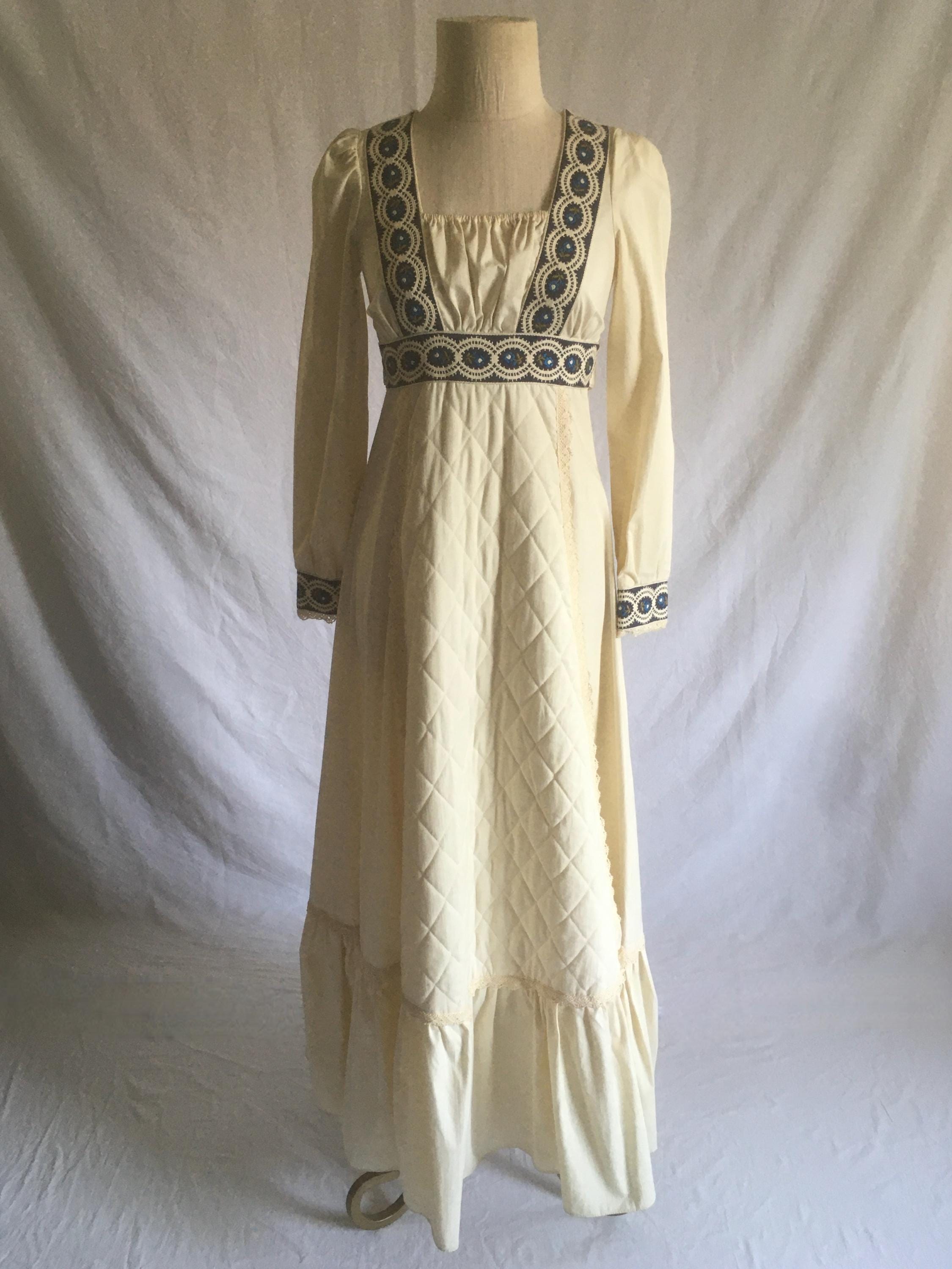 Vintage 70s Gunne Sax by Jessica Maxi Dress Empire Waist Quilted Ruffle ...