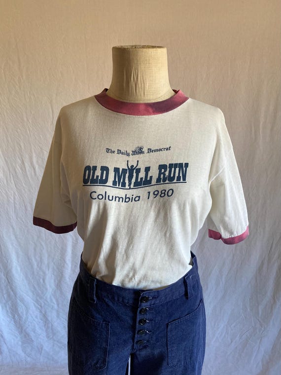 vintage distressed 80s t shirt ringer old mill run 1980 columbia daily union democrat