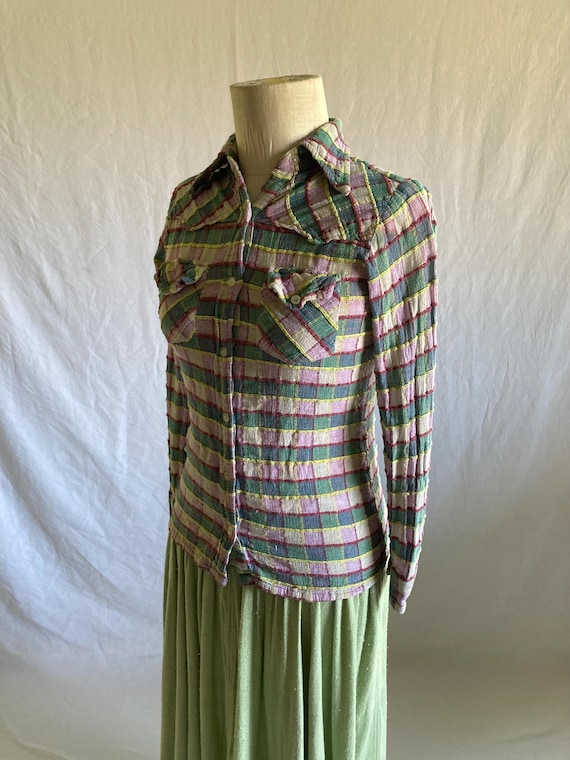 vintage 70s patchwork button up collared chevron … - image 9