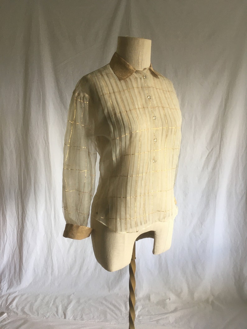 May include: A sheer, ivory-colored blouse with gold stripes and a gold collar. The blouse has a button-up front and long sleeves.