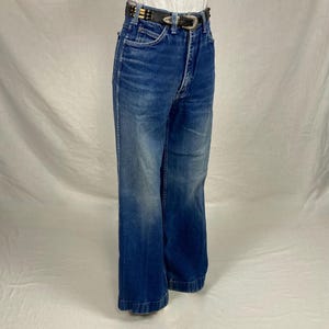 vintage 70s SJS blue jeans high waist 28 29 denim wide leg bell bottoms aged patina hippie boho 1970s