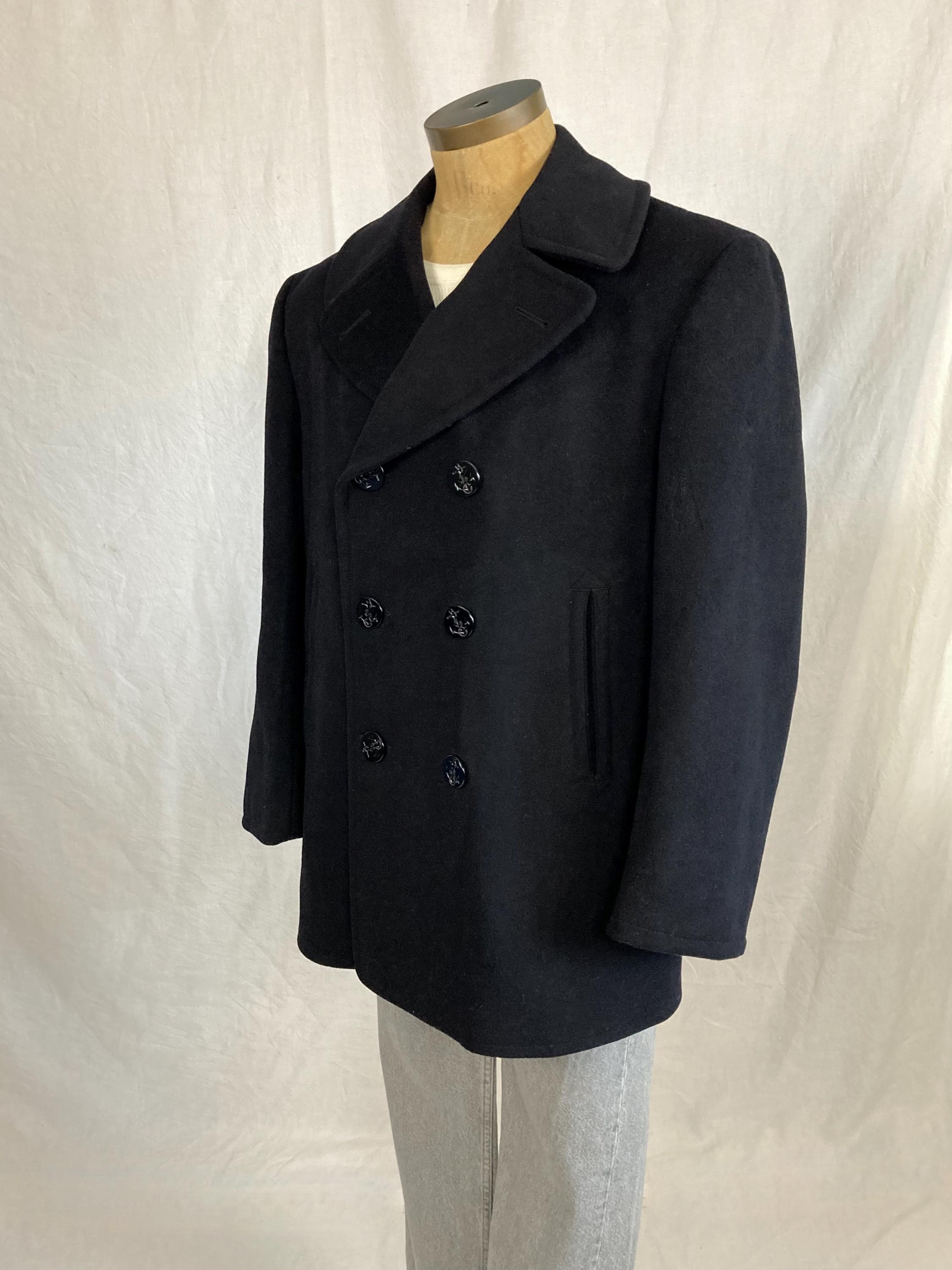Vintage 70s Mans Wool Kersey Blue Wool Peacoat Sailor Overcoat