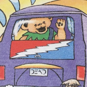 May include: A purple van with a red, white, and blue lightning bolt design on the back. A cartoon bear with a green shirt is driving the van and waving out the window. The van has a license plate that says "DEAD".