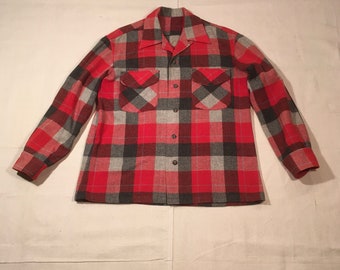 vintage 40s 1940s red grey shadow plaid wool convex button up board shirt