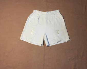 Vintage 40-tals vita bomullsshorts med hög midja och dragkedja baktill, dammodell, 27–28