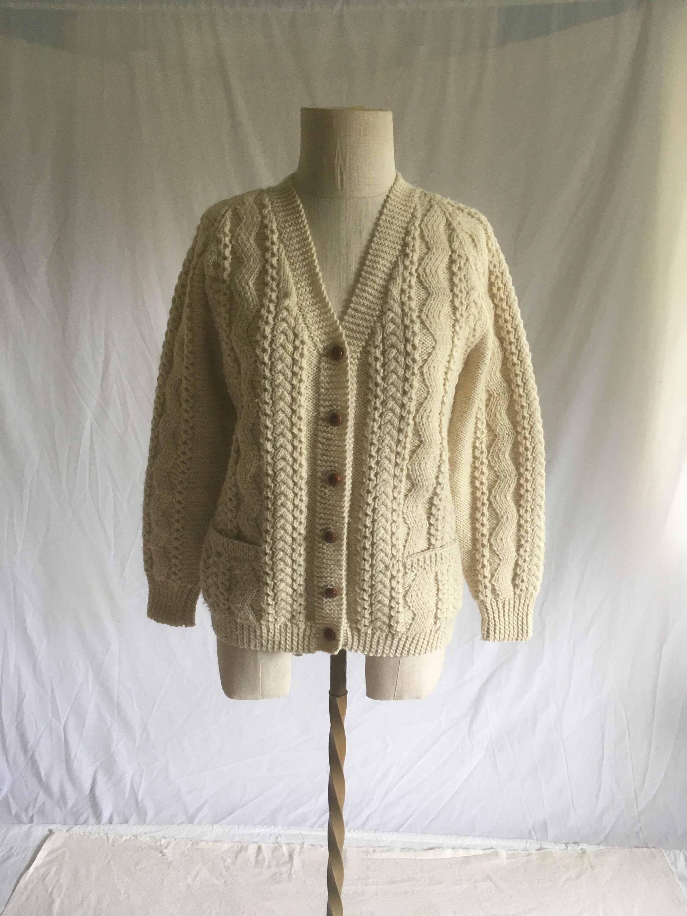 Vintage 80s Cable Knit Natural White Wool Cardigan Fishermans