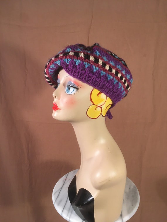 vintage handknit purple red blue black pink beret… - image 2