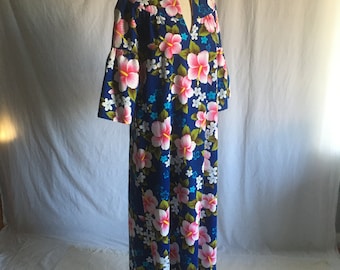 vintage handmade hawaiian dress muumuu barkcloth tropical floral hawaiian print flounce sleeve maxi kaftan aloha luau tiki lounge wear