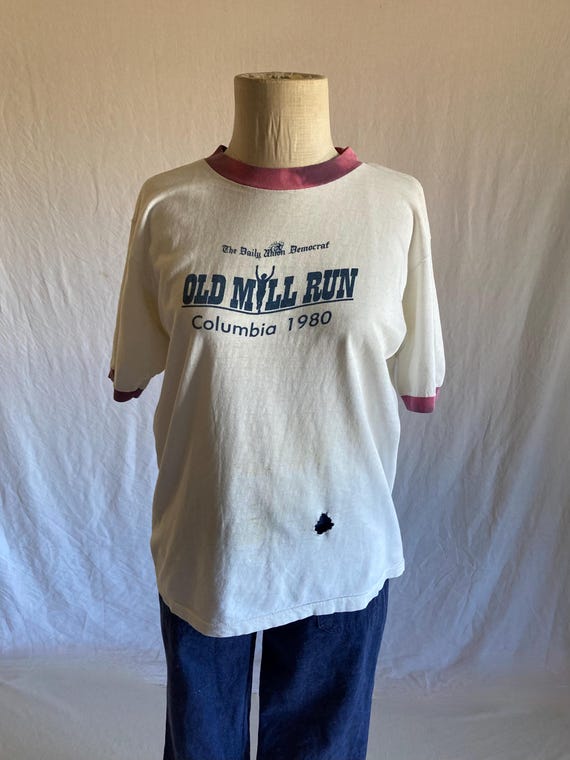vintage distressed 80s t shirt ringer old mill run 1980 columbia daily union democrat View 2
