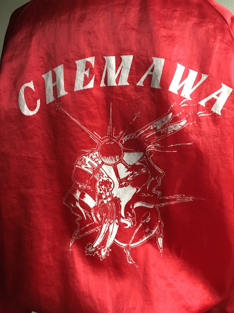 vintage 80s 1988 vince bell art chemawa school raglan red satin bomber jacket
