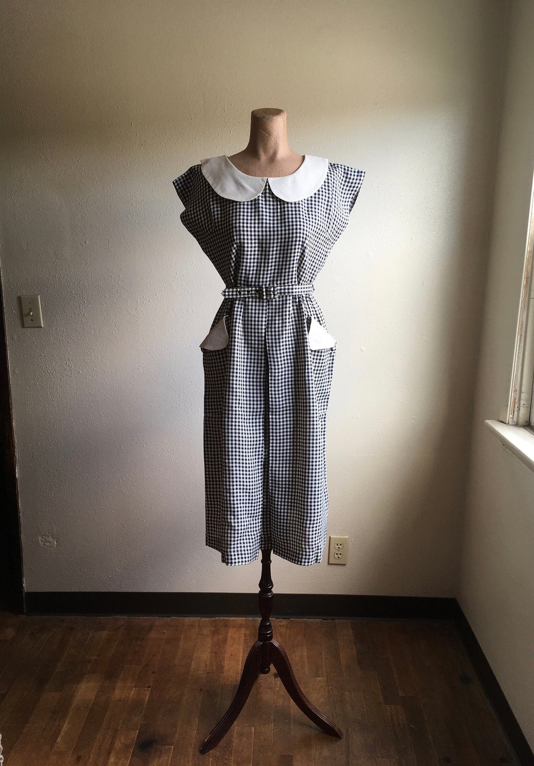 Vichy Vestito A Quadri Bianco E Nero Abito Vintage Anni '50 Aldens