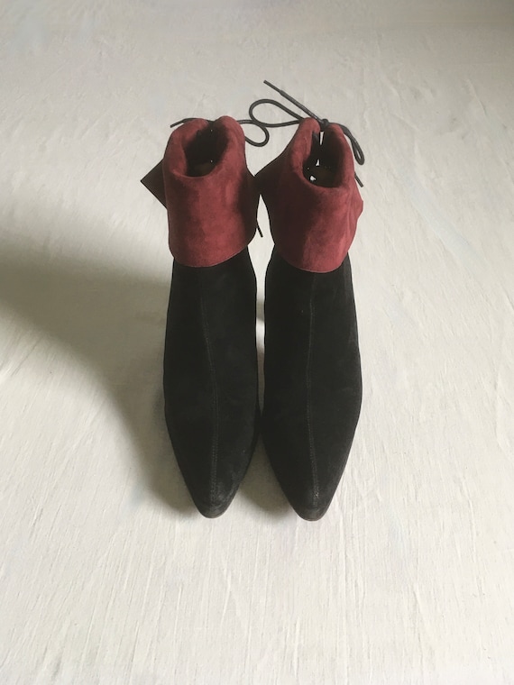 Vintage 90s Bcbg Max Azria High Heel Platform Lace Back Side Zip Ankle Boots 6.5 B Black Suede Red Plumb Cuff Leather Booties Made in Italy Etsy