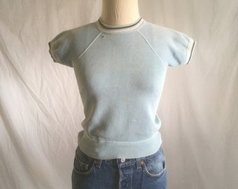 vintage 60s light blue raglan short sleeve ringer sweatshirt youth fit, xxs