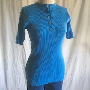 Light Blue 60s Flower Pattern Ribbed Edge Sweater main image 1