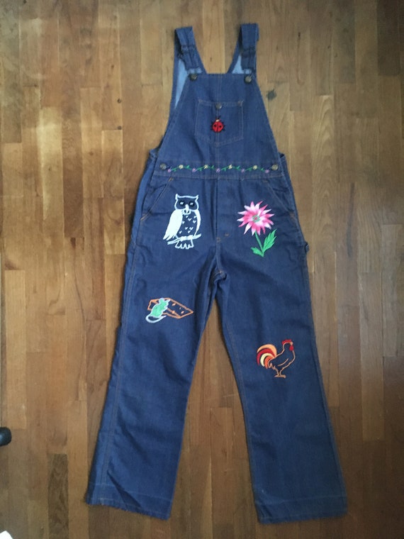 vintage 70s bib overalls hand embroidered animals… - image 2