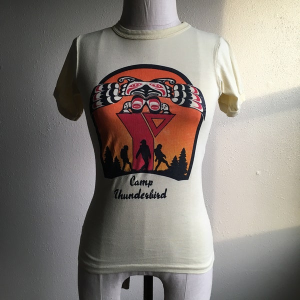 vintage 70s camp thunderbird pacific northwest totem pole art youth t shirt