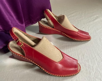 vintage 40s red leather sling back wedge sandal shoe 8 peep toe miami wedgelings jack rogers alma last best apparel seattle 1940s fashion