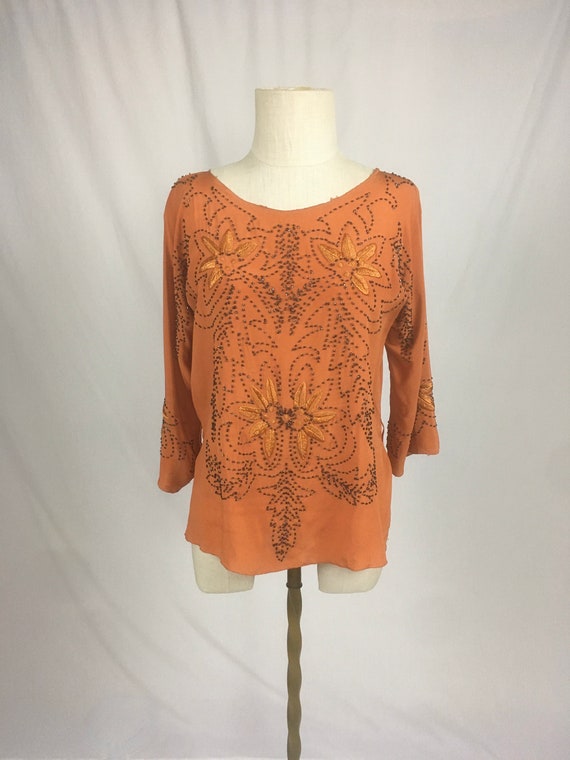 vintage 20s orange silk steel cut beaded blouse - image 2