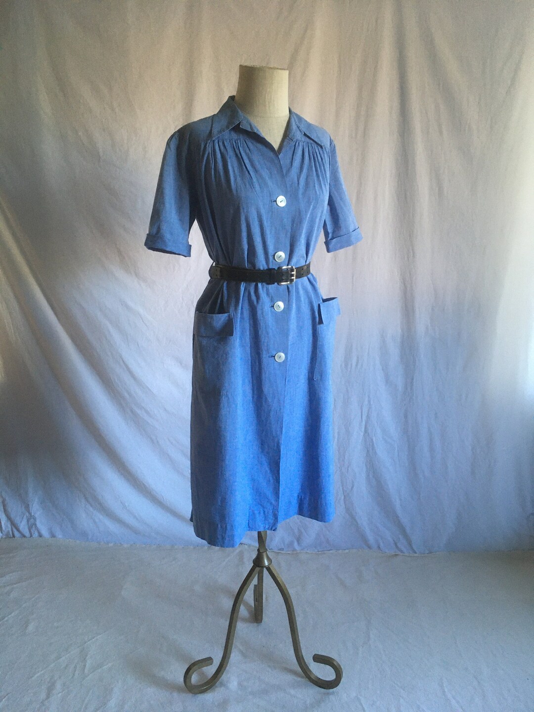 Vintage 50s Handmade Womens Chambray Button up Work Dress Farm Dress