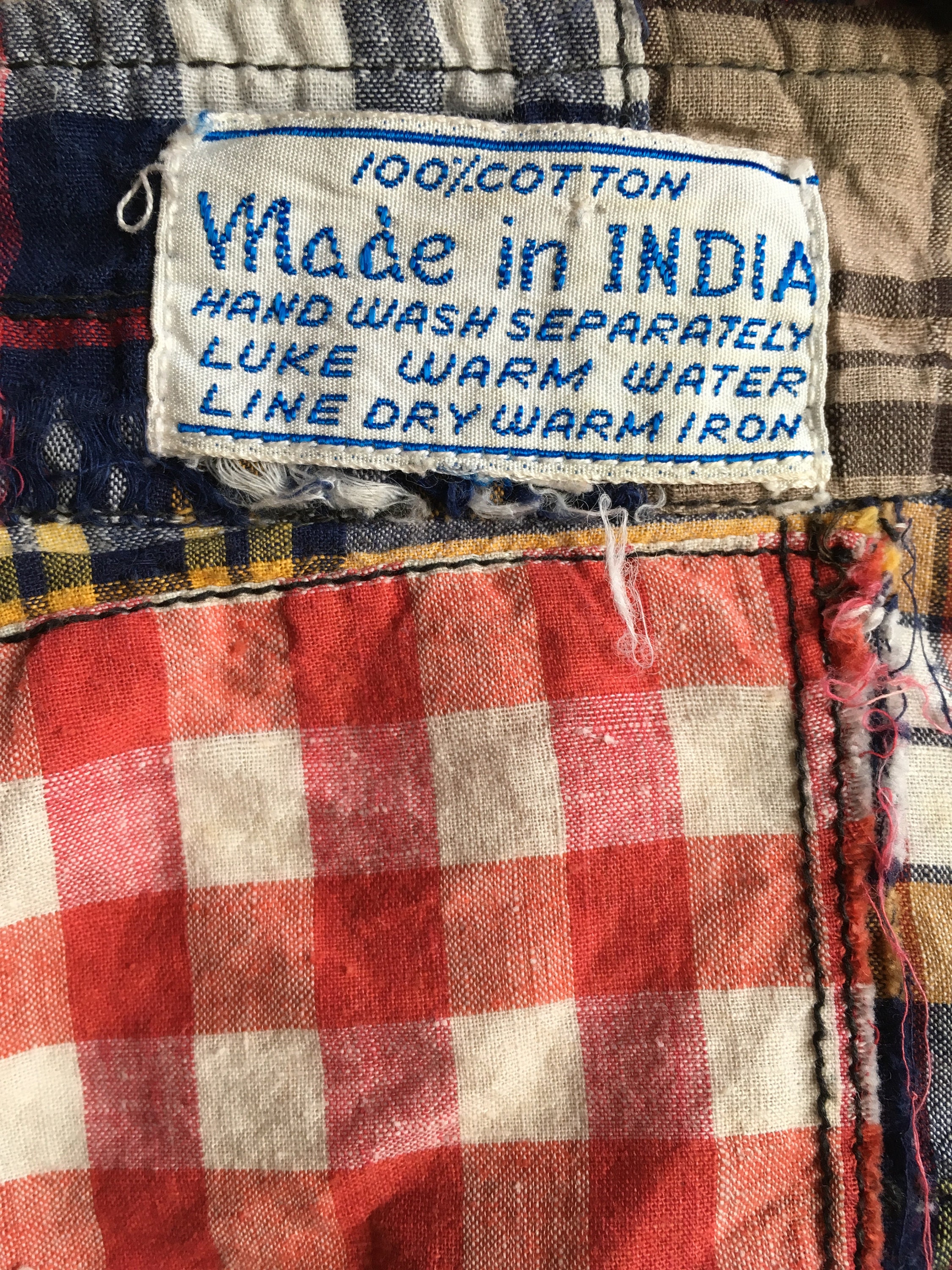 Vintage 70s Cotton Madras Patch Work Long Sleeve Tie Front