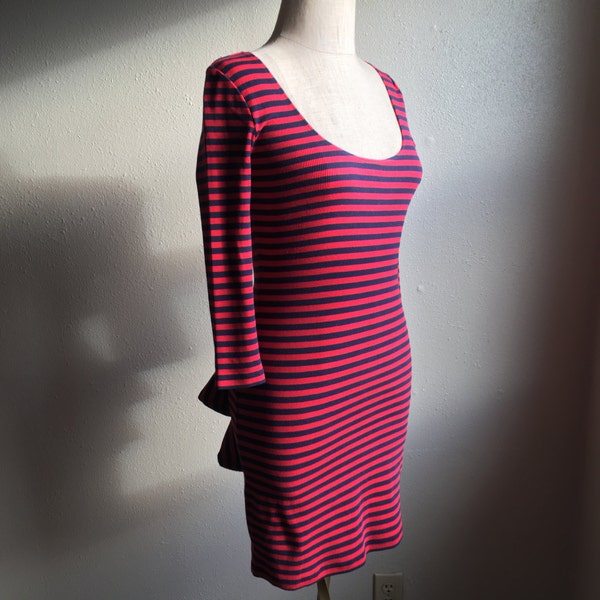 vintage betsey johnson striped navy blue red bodycon tail feather bustle ruffle back ribbed jersey sheath dress