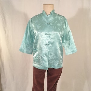 vintage 60s couturiere made in japan silk jacquard blouse bamboo mint green frog button boho traditional asian womens shirt bohemian style