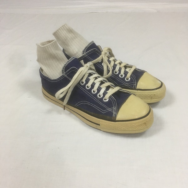 vintage 70s blue canvas sneakers low top lace up mens 7, womens 8 1/2