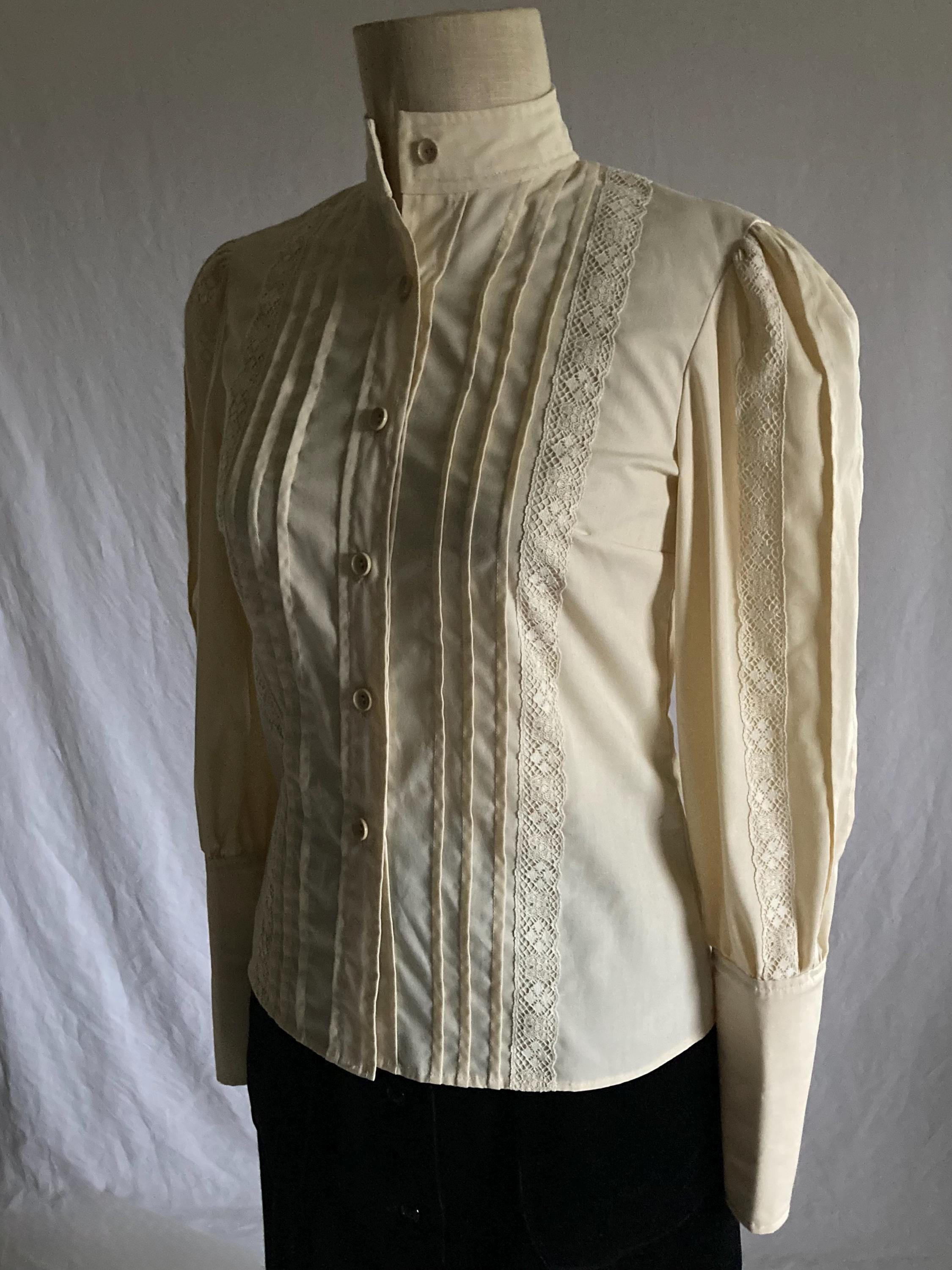 Vintage 70s Pin Tuck Blouse Lace Trim High Neck Puff Sleeve Mutton 