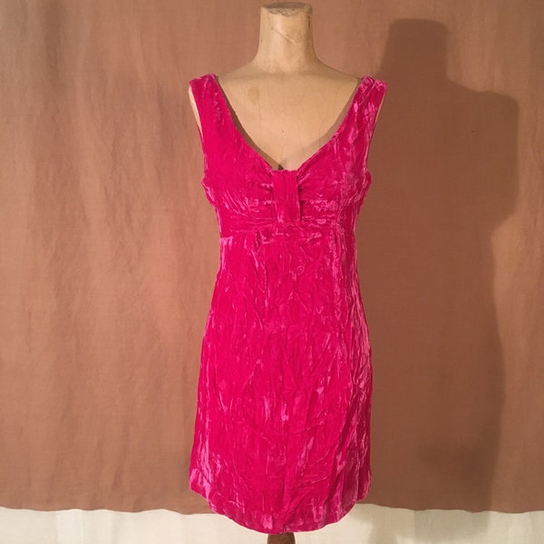 vintage 90s womens contempo casuals hot pink crushed velvet rayon zip back sleeveless wiggle bodycon mini dress made in USA