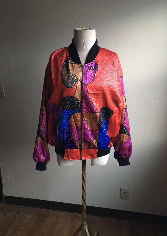 vintage 90s picasso bomber jacket metallic flecked