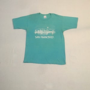 vintage 80s san francisco skyline starry night crescent moon henrys sportswear healthknit cotton blue t shirt made in usa