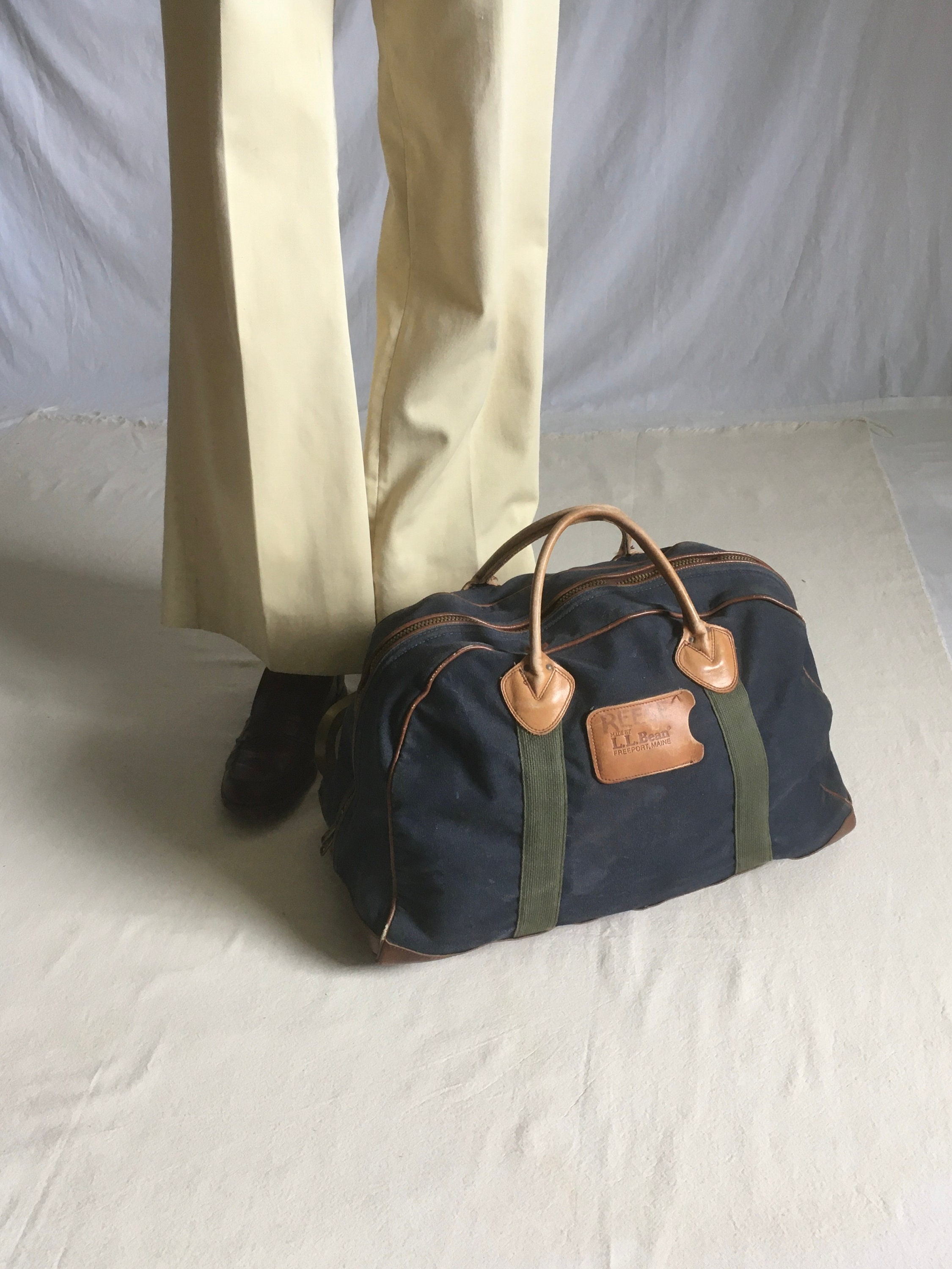 Vintage 80s Ll Bean Canvas Gear Bag Zip Top Leather Handle