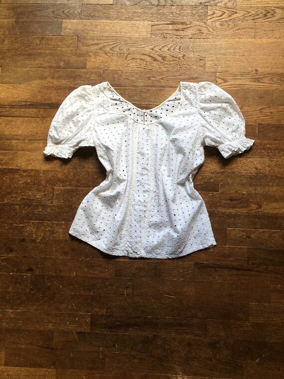 vintage handmade white cotton floral eyelet blouse