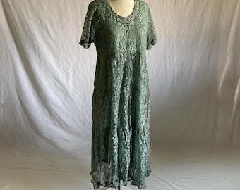 vintage starina groene kanten babydoll maxi jurk uit de jaren 90 met ruches uit de jaren 90