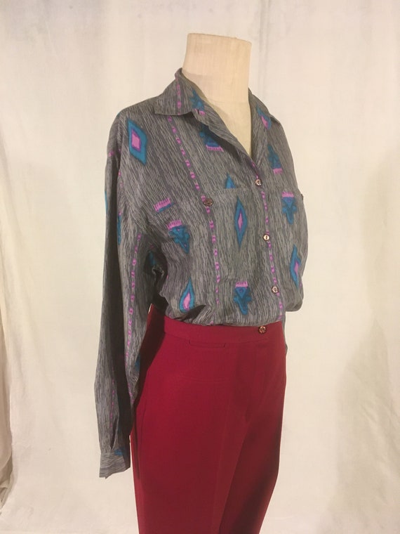 vintage 80s silky abstract pattern button up blouse long sleeve grey blue purple loose fit long sleeve collar shirt boho 1980s fashion